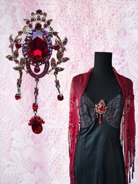 Bejewelled Cherry Red Crystal Ornate Brooch Romantic Victorian Style